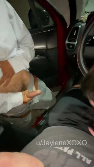 Strangers gather around car and jack off at a sex shop parking lot while I suck my man's cock in front of them