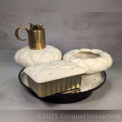 Midcentury Modern Evans 'Candlestick' smoking set with table lighter, ashtray, and cigarette box.