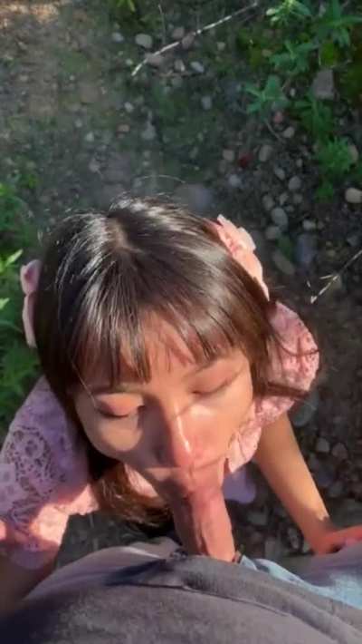Cute little Asian Girl Plays with and Rides Daddy's Dick in the Park