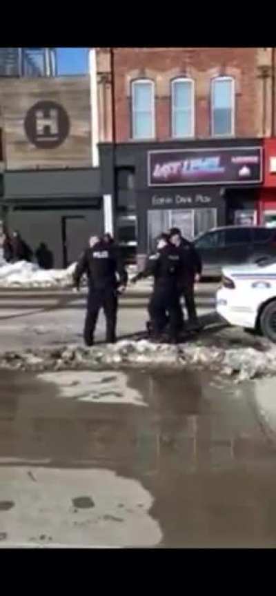another angle of my 20 year old younger brother getting assaulted by barrie police. He ran a red light on a long board. He&rsquo;s pistol whipped, his face is smashed off the ground, and the dude KARATE CHOPS HIM? who karate chops people?