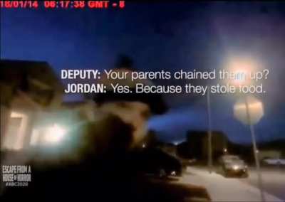 Body cam footage of Jordan Turpin after she escaped from her parents in 2019. She and her 12 siblings were kept imprisoned in the home for decades, and were only allowed one shower per year. When deputies entered the residence they were met with the stenc