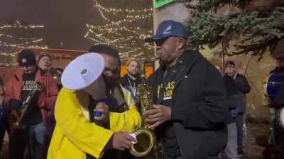 Brass Solidarity band, made up of community members around George Floyd Square, covering Sam Cooke&rsquo;s &ldquo;A Change Is Gonna Come&rdquo; at the Abolish ICE Festival in Minneapolis, across the street from where federal agents murdered Alex Pretti in January.