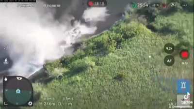 A Russian amphibious boat is blown up by a river mine somewhere in the Kherson region. May 2024.