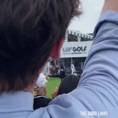 Golfer Phil Mickelson is heckled as he prepares to hit his tee shot at the third LIV Golf event at Trump National