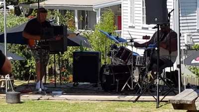 Drummer and bass player all in one...at the Puhoi and they're smashing out this wicked Hendrix number