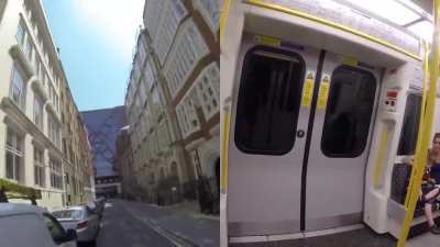 This runner exited a train, ran to the next stop, on got back on the same train.