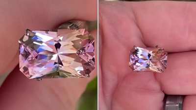 The sun has returned (after nearly 2 weeks)! 7.35ct Bolivian Ametrine. Has a teeny tiny cute negative crystal. Cut in a mix n match of Robert Long designs. 15.5x10.0x7.9mm. Regularly $365, reduced to $325+s/h (lighter saturation than my usual)