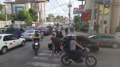 Stopping car over pedestrian walkway