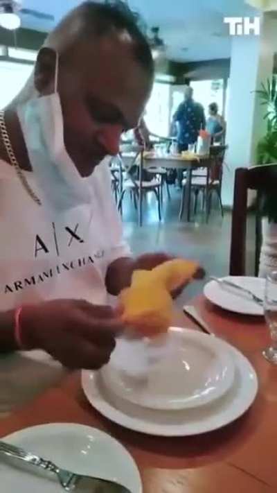 trying to eat at the restaurant..