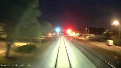 Train POV of idiot in Palm Beach County, FL ignoring gates and lights at RR crossing and getting hit