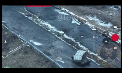 A Russian T-80 firing at a position retreats after a kamikaze drone strikes the tank, Avdiivka area, posted 07.02.2024