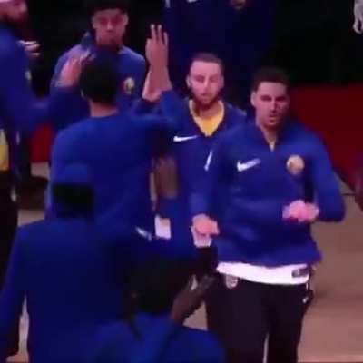 The Rockets PA announcer announcing the Warriors starting lineup with a glum voice
