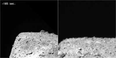 Japanese spacecraft Hayabusa2 shooting a cannon at an asteroid. The impact created a 17m-wide artificial crater on the surface. Spacecraft later descended into the crater and grabbed "fresh" samples from asteroid's subsurface. Hayabusa2 is currently on it