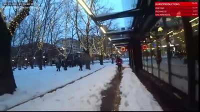 "Get COVID from me and fuckin' die!" &mdash; Group of alt-left Antifa marching in public streets throw snowballs at a live-streamer tailing the protest