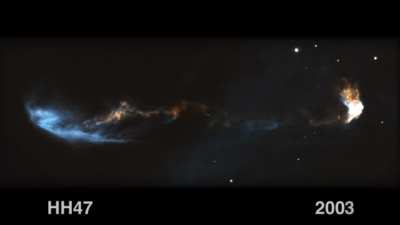 Herbig Haro 46/47, a jet from a young star, flying outwards in a beautiful lightshow during a period of 14 years. [Source: NASA]