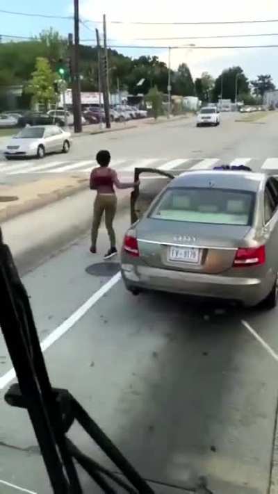 Lady vs. truck vs. man vs. car