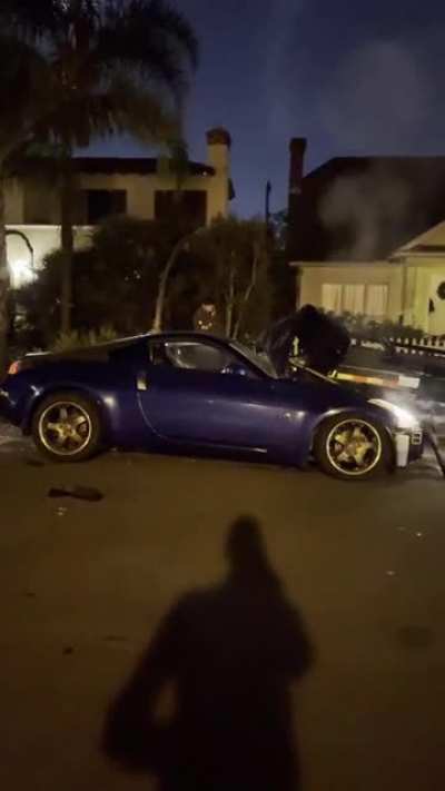Was having dinner when this kid rammed into the parked trailer outside my Uncles&rsquo; house in San Diego. &lsquo;My wheels slipped&rsquo;.
