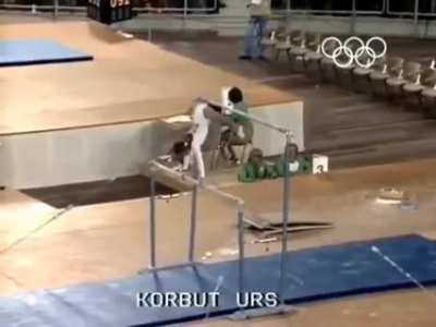 Olga Korbut doing the &ldquo;Korbut&rdquo; flip.