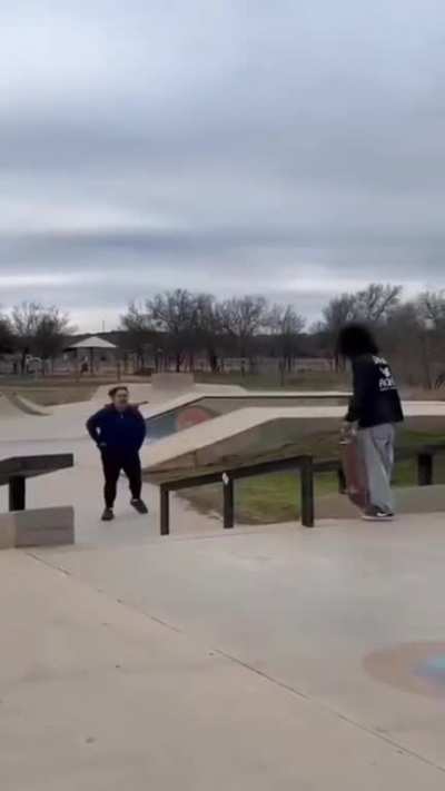 Big Karen tries to hit skater but fails and ends up falling