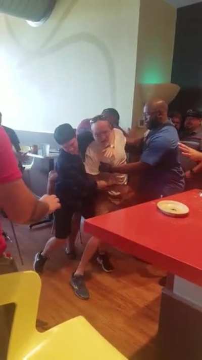 Man freaks out and throws hot coffee on employee then smacks another in the head with the coffee cup.