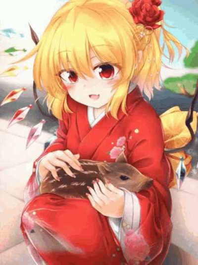 the gif of flandre holding a pig