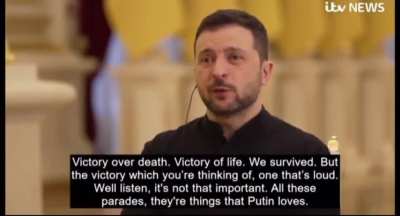 UA POV: "Until [Putin has] occupied the whole of Ukraine, he's lost." Zelensky declares what victory for Putin means. He explains that victory for Ukraine means peace and survival, and that a "loud" victory is not very important.