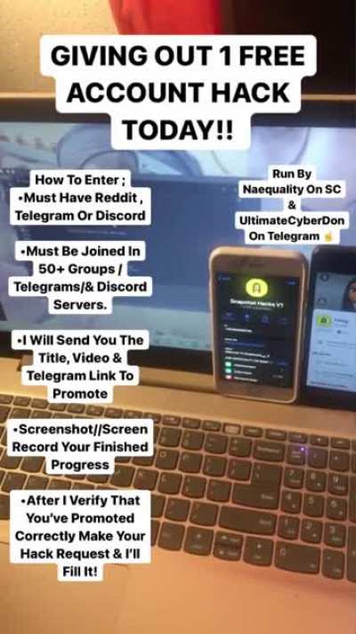 Anyone here wanna free hack for just promoting across Reddit , Telegram, &amp;amp; discord? Hit naequality on Snapchat or UltimateCyberVendor on Telegram for instructions!!