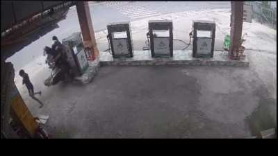 Motorcyclist Gets Hit From Behind by Another Rider While Refueling