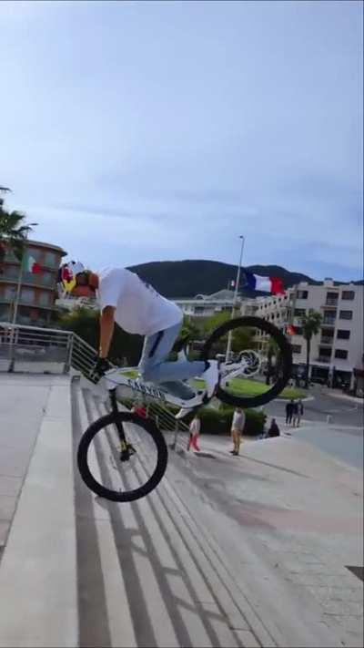 Cyclist Does Backwards Front Wheel Catwalk Down Stairs