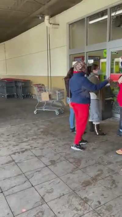 Due to power outages and covid 19 restrictions some grocery stores in Texas have long lines to get in. A group of Karens try to sneak in through the exit and become confrontational when stopped