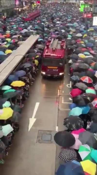 Crowd during a Hong Kong protest parts, making way for an emergency vehicle and providing an example to the world of how to protest. Sadly, CCP owns part of Reddit so don&rsquo;t expect this to stay up long.