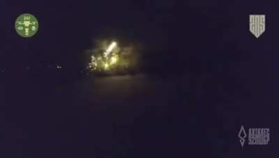 Night-time footage of another Ukrainian thermite FPV attack on Russian positions in a windbreak. 