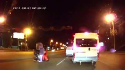 Russian road rager gets curb-stomped by Mickey Mouse, the squirrel from Ice Age, and Spongebob.