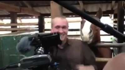 Instead of shooing the horse away, they decided to keep filming!