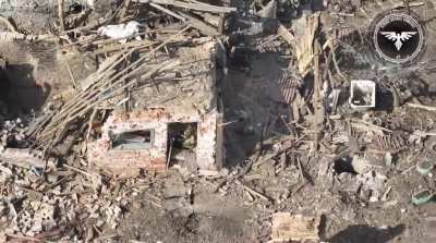 Two russians in the Avdiivka area seek refuge in ruined house, only to get a visit from an fpv drone. One wounded russian continues his journey from the ruins.
