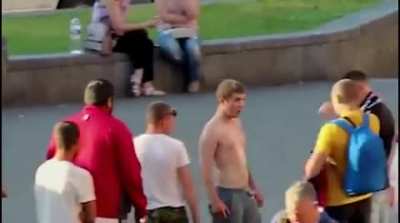 Dude tried to pick a fight with random people on the street.