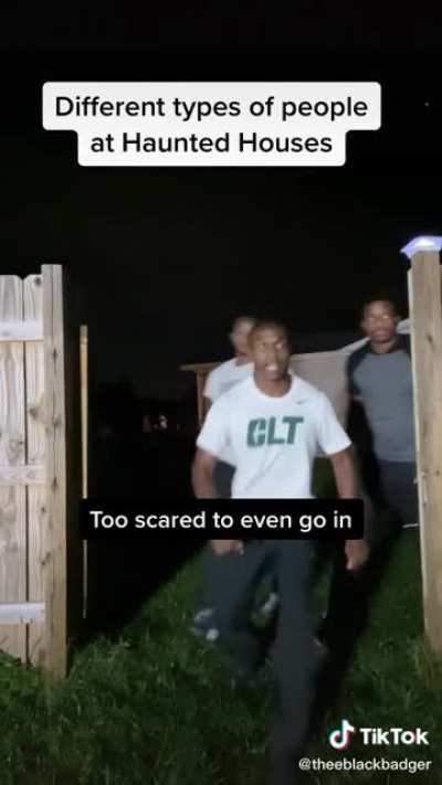Different types of people at a haunted house.