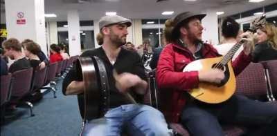 After a 2 hour delay at Newcastle Airport, Award winning Irish musician Daior&iacute; Farrell and friends perform &ldquo;The Galway Girl&rdquo; for the other waiting passengers.