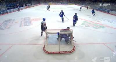 Glove makes save in the DEL today after being knocked off the goalie
