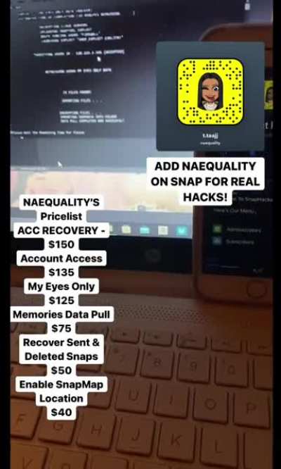 Contact @naequality on snap to order account hacks like account access, account recovery, my eyes only &amp;amp; more! All available For socials like iG, Snap, FB , Twitter , &amp;amp; TikTok. Telegram Group Link In Comments Below 👇