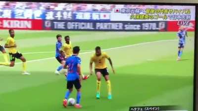 A Japanese soccer player nutmegged(ball passing between the legs) four players to score a goal.