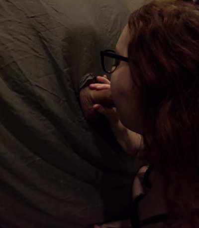 Worshipping hubby&rsquo;s cock thru our homemade gloryhole ot2