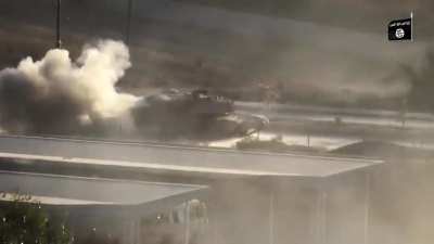 ISIS RPG gunner scores a track hit on Iraqi M1A1 Abrams tank, Iraq, Mosul, 2016