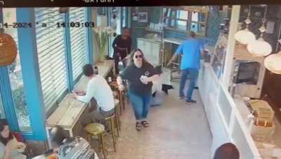 Palestinian man stab a soldier and then get shot, 14.03.2024 at a coffee shop in "Beit Kama" Israel.
