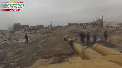 Syrian Army uses a self-propelled gun to engage Rebel positions with direct fire - Jobar, Damascus - 2014