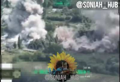 Ukrainian aviation dropping AASM Hammer guided bombs on Russian positions in Krasnooktyabrskiy, Kursk Oblast, Russia. Location: (51.25449 34.47894) Published on August 23, 2024