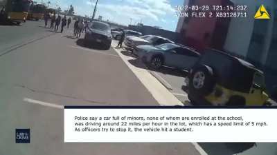 Bodycam video shows a Nevada police officer shooting at a speeding car after the driver allegedly hit a student.