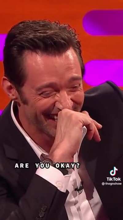 Hugh Jackman trying to keep it together listening to Sir Patrick Stewart&rsquo;s story