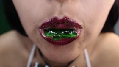Cow girl swallowing gummy fruits by Rubysmouth