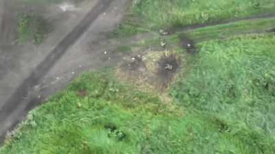 Extended video of the group of Russian soldiers who were directly hit by a Ukrainian RPG while retreating because of artillery back in May 2023